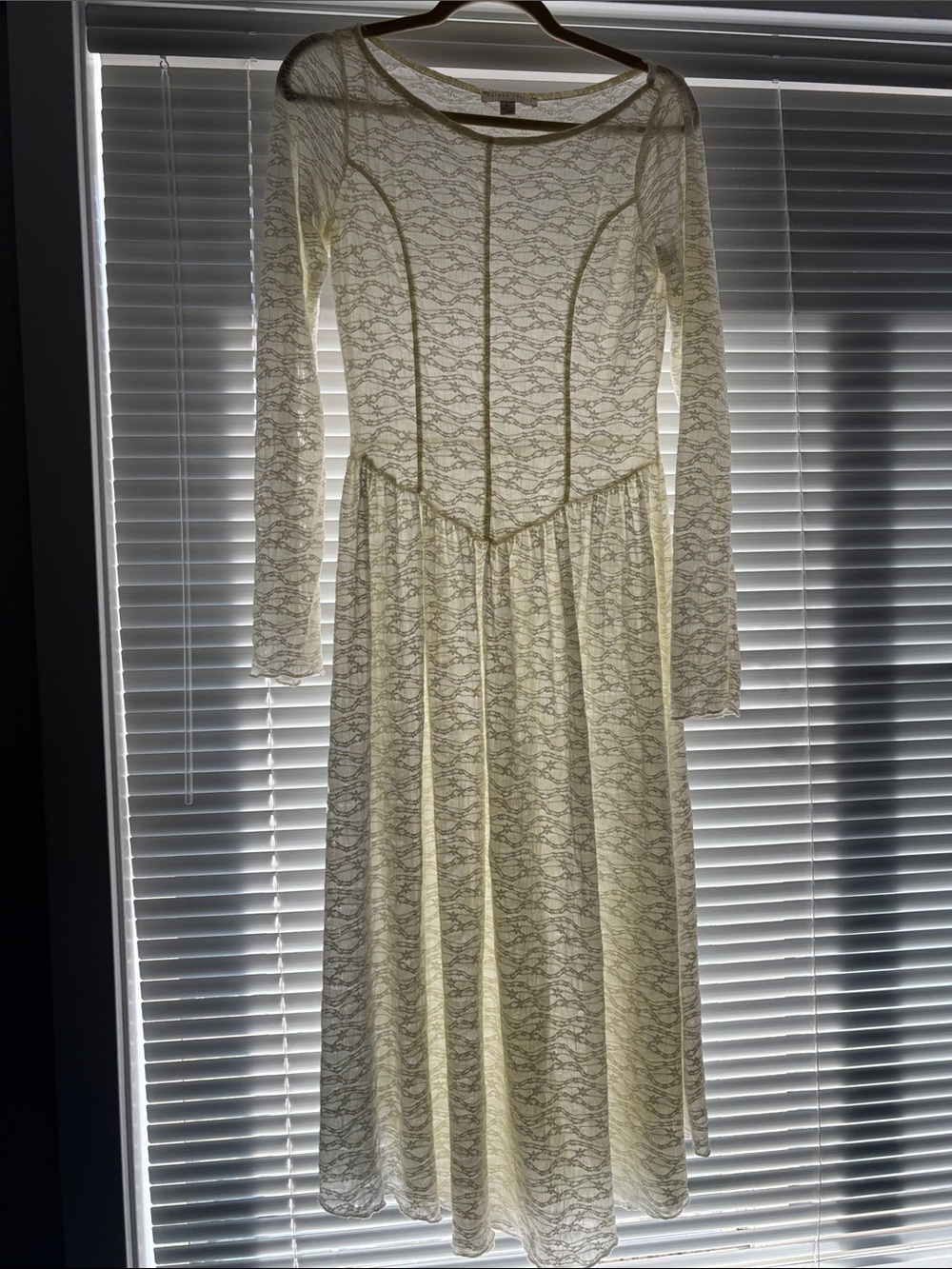 Thirty Thirty LA Long-Sleeve Lace Midi Sheer Dress in Ivory Cream Large Romanti